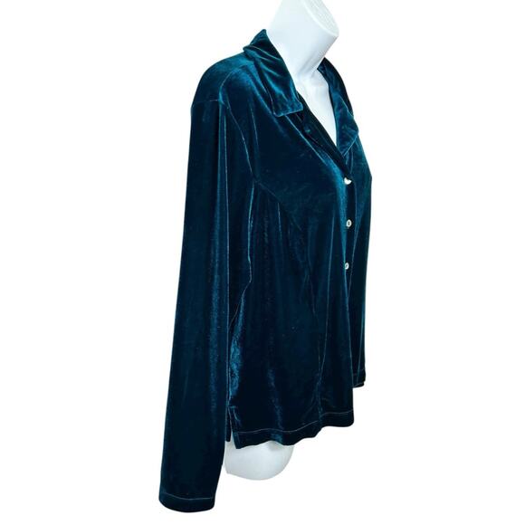 Vintage Worthington Teal Velour Button Front Blouse Sz 12 Large Top Long-Sleeve - Picture 3 of 5